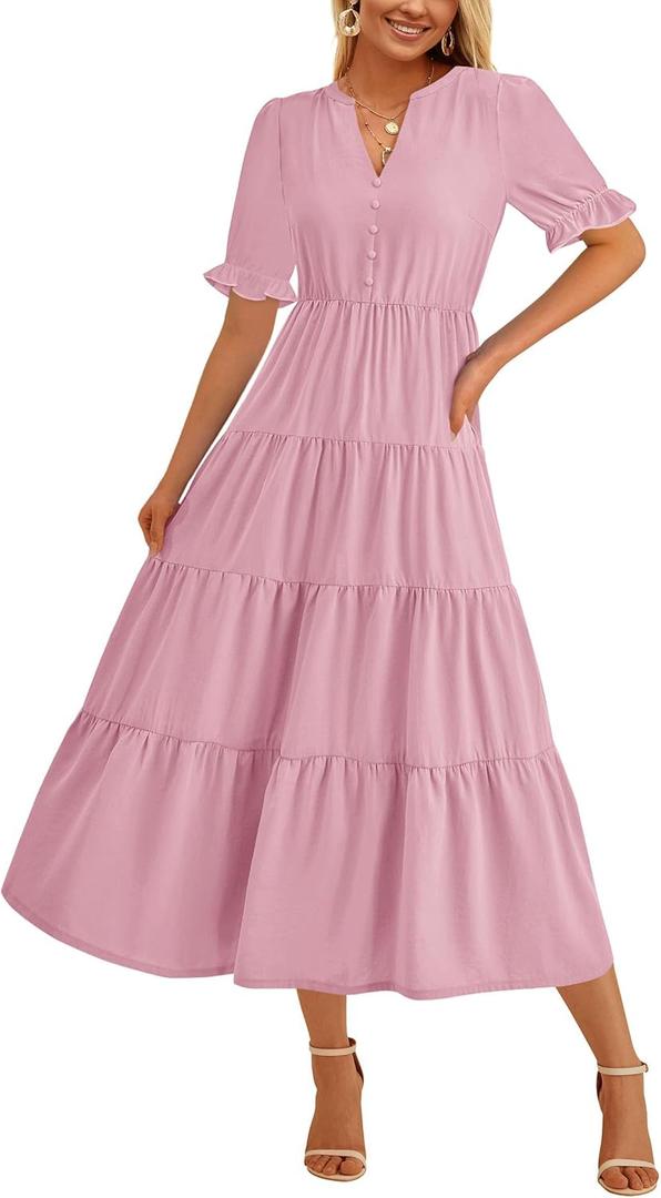 PRETTYGARDEN Women's Summer Casual Short Sleeve V Neck Midi Dresses 2025 Spring A-line Tiered Wedding Guest Dress (Pink), Small
