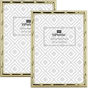 YiPinYin Gold 5x7'' Bamboo Detail Designs Metal Picture Frame 2pack,Elegant Narrow Plated Photo Frames 5x7'' With Soft Touch Velvet Backing for Desktop and Wall Décor