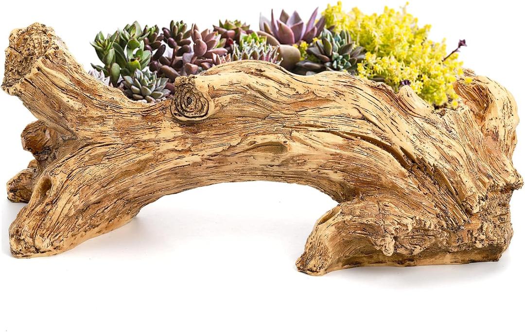 Hiceeden Artificial Driftwood Succulent Planter, Resin Tree Stump Sculpture Rustic Cactus Flower Pot for Herb, Strawberry, Small Plants, Natural Color Drainage Hole, 14.6" L x 4.3" W x 5.1" H
