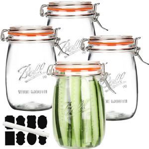 Wide Mouth Glass Jars with Airtight Lid 32OZ 4 Pack, Kitchen Storage Large Clear Canister Jars with Hinged Lid with Measurement Marks For Canning, Coffee, Flour, Sugar, Beans