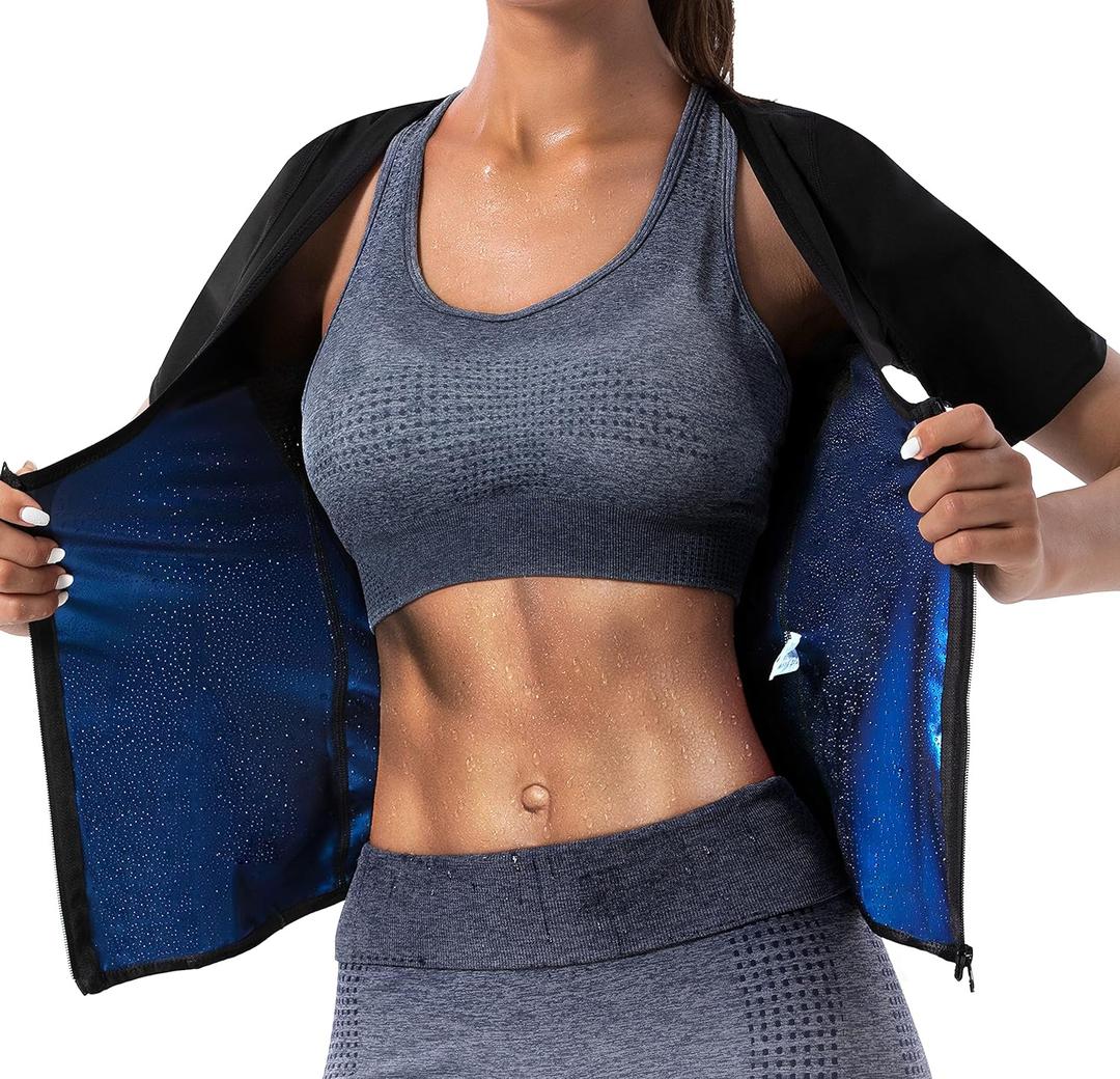 Women Sauna Vest Sweat Tank Top Zipper Compression Shirts Heat Trapping Waist Trainer (XXXLwaist 40.8-43.9, Blue Lining)
