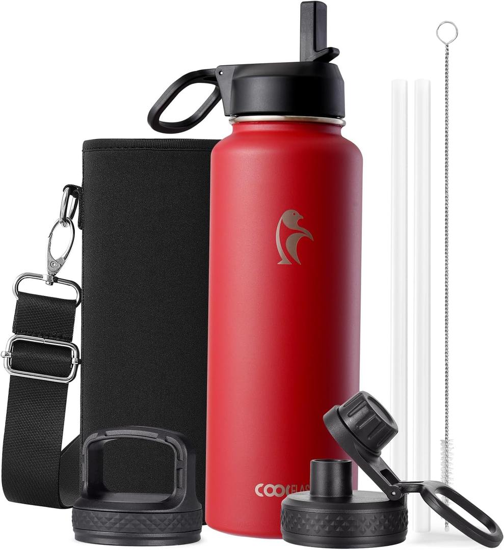 Coolflask 40 oz Water Bottle Insulated with Straw & 3 Leakproof Lids | Water Flask Stainless Steel Triple-Wall Vacuum,Cold 48+h,Dishwasher Safe,Wide Mouth, BPA-Free,Carrier Bag,for Gym,Hiking