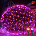 WBao Orange Purple Halloween Lights Outdoor 200LED F8 Big Bulbs, 8.4ft x 5.2ft Halloween Net Lights with 8 Modes, Timer, Connectable, Waterproof & Dark Green Wire for Lawn, Bushes Outdoor Decorations (Plug in)