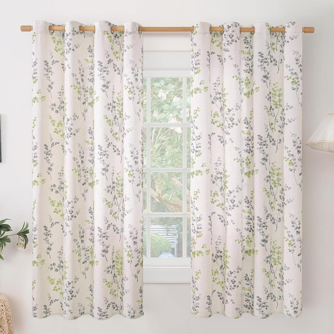 BGment Linen Curtains for Bedroom 63 Inch Length 2 Panels Set Floral Leaf Patterns, Light Filtering Window Privacy Curtains for Living Room Boho Farmhouse Vintage, Each 52 Inch Wide, Sage Green