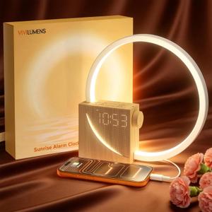 Vivilumens Sunrise Alarm Clock Sound Machine Nightlight, Gradual Wake Up Light, Digital Dimmable Clock, 10 White Noise Sleep Sounds, Snooze, Dual Clocks for Heavy Sleeper Adult, Decor Gifts for Women (New Wood Grain)