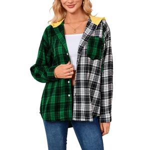 Womens Button Down Shirt Plus Size Blouse Shirts Tartan Plaid Color Block Casual Oversized Boyfriend Hooded Outwear Green (Green, XL)