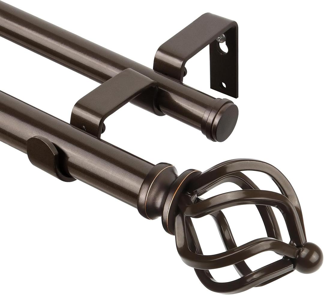 KAMANINA Double Curtain Rod 72 to 144 Inches(6-12 Feet) Antique Bronze Curtain Rods for Windows 66 to 120 Inches, 7/8 Inch Heavy Duty Drapery Rod with Twisted Cage Finials