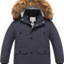 CREATMO US Boy's Long Winter Coat Warm Fleece Lined Waterproof Puffer Jacket Thicken Padded Snow Parka with Faux Fur Hood (14-16 Years, Dark Gray)