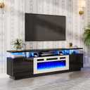 Modern Fireplace TV Stand with 36" Electric Fireplace, High Gloss Finish Media Console with Open Storage, LED Lights Entertainment Center for TVs Up to 80", Black/White (70")