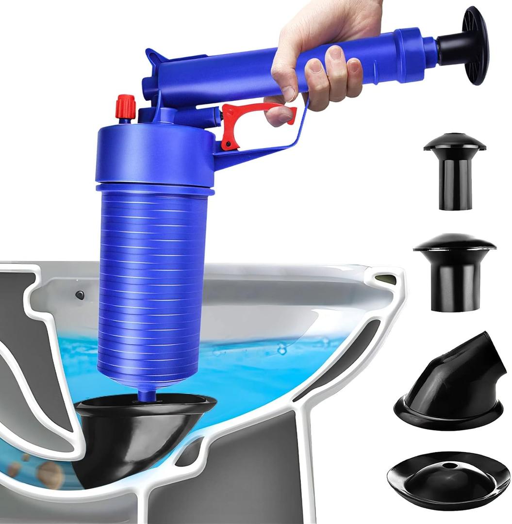 Toilet Plunger Set, Drain Clog Remover with 4 Sized Suckers, High Pressure Air Drain Blaster Gun, Tub Drain Cleaner Opener, Sink Plunger for Bathroom, Kitchen, Toilet, Floor Drain, Clogged Pipe Blue