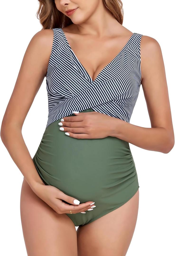 SUMMERSUNSHINE Maternity One Piece Swimwear Front Cross Pregnancy Swimsuit Bathing Suit Maternity Bikini (X-Large, Stripes Army Green)