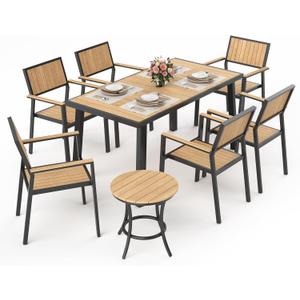 Pamapic 8-Piece Patio Dining SetOutdoor Aluminum Furniture Set with Plastic-Wood Table Top,Outdoor Furniture Set with 6 Outdoor Stackable Chairs for Patio Garden Poolside (Teak)
