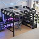 Bellemave Queen Loft Bed Frame with Storage Stairs, Beside Shelf & Wardrobe, Metal Queen Size Loft Bed with LED Light & USB Ports, Large Under-Bed Space Loft Beds for Adults, Teens, Kids, Black