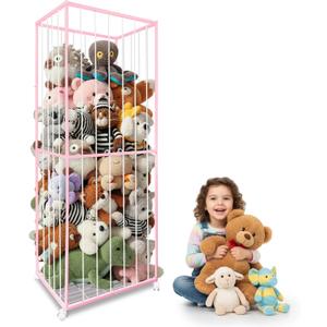Stuffed Animal Storage, Metal Tube Extra Large Toy Storage Organizer with Brake Wheels, Stuffed Animal Holder Zoo Organizer for Nursery Playroom Kids Room Pink(61 x 23.6x 16.5)