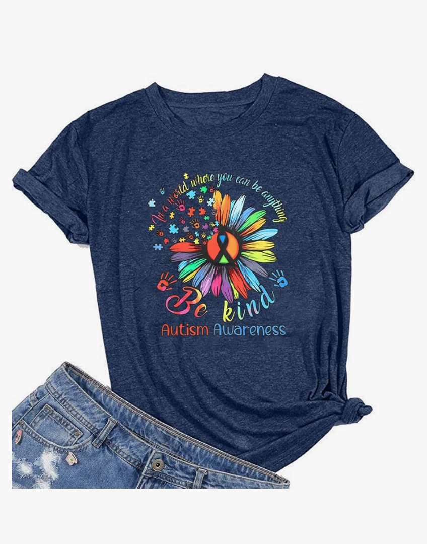 Autism Awareness Shirt Women Be Kind Special Education Teacher T-Shirt Casual Inspirational Kidness Short Sleeve Tee Tops, Size:M
