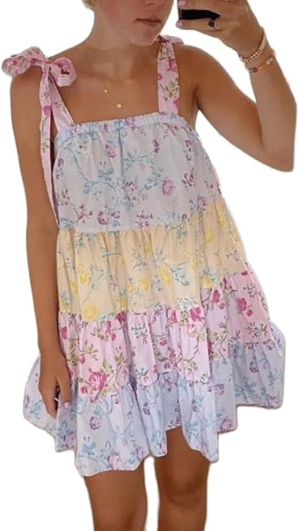 Women Tie Shoulder Mini Dress Floral Ruffle Babydoll Dress Boho Square Neck Sundress Cute Summer Dresses (Large)