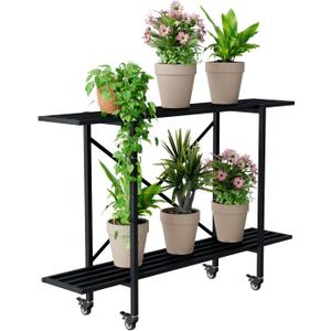 Zhongma 2 Tier Metal Sturdy Narrow Plant Stand with Wheels, Plant Stand Indoor and Outdoor, L45.67 x W10.3 x H29.9 inch, 440 LBS Capacity & Heavy Duty Construction.
