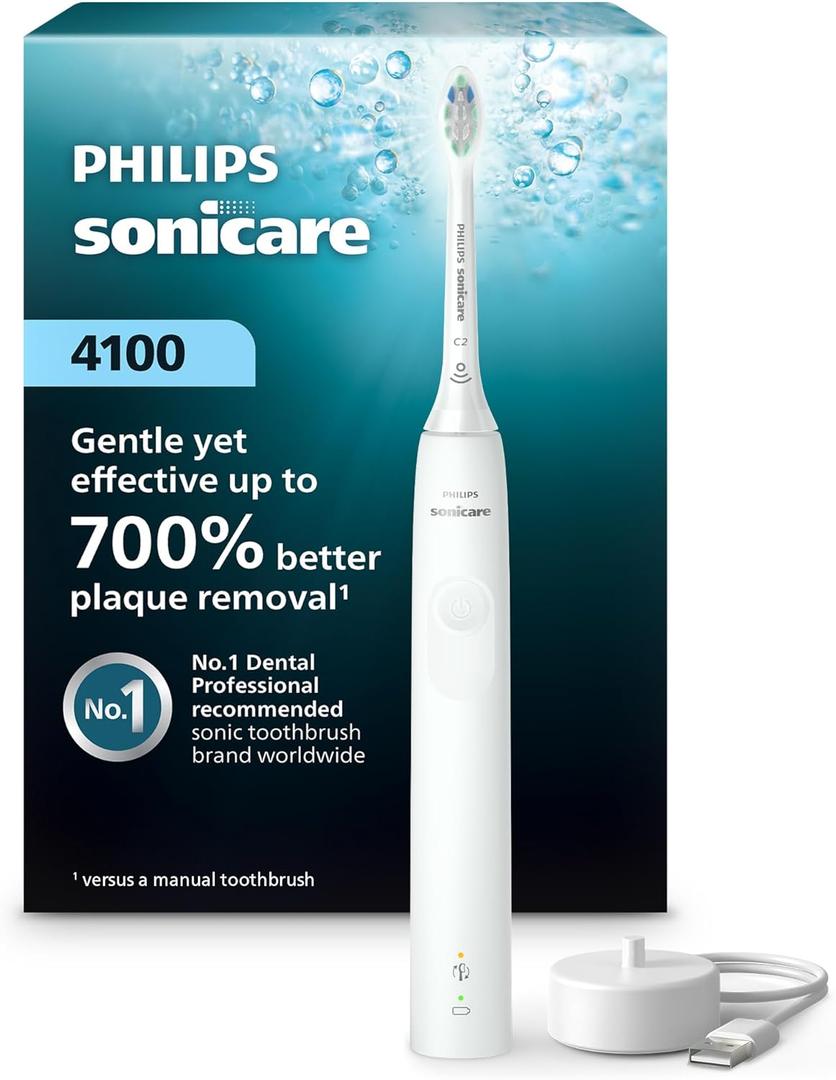 Philips Sonicare 4100 Series Electric Toothbrush  Sonic Toothbrush with Advanced Sonic Technology, Pressure Sensor, Two Intensity Settings, Smartimer & Quadpacer, White, Model HX3681/23
