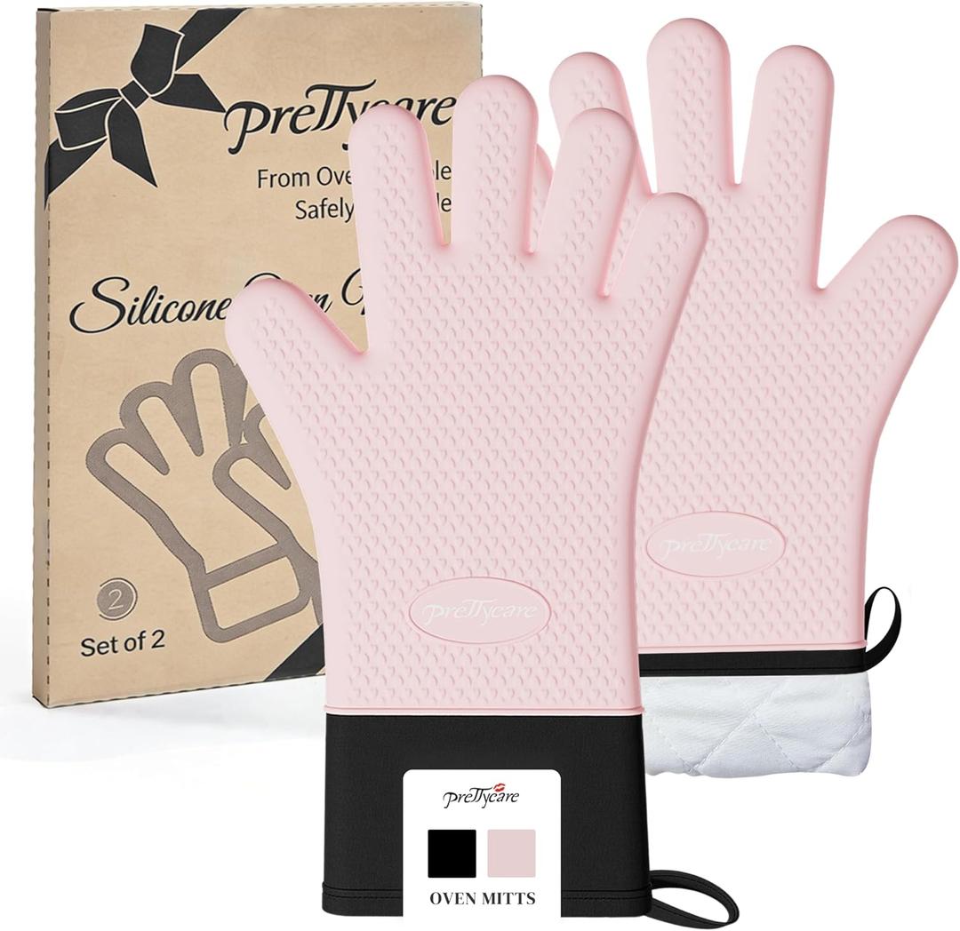 PrettyCare Extra Long Silicone Oven Mitts – Heat Resistant Oven Gloves with Fingers, Waterproof & Non-Slip Kitchen Mitts for BBQ Baking Cooking, Cotton Lined Silicone Oven Gloves for Women – (Pink), 37L x 23W Centimetres