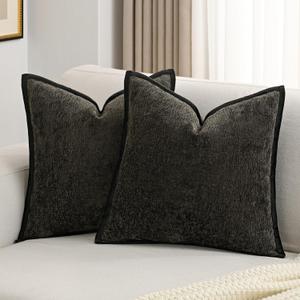 FUTEI Black Chenille Throw Pillow Covers 22x22 Inch Set of 2,Soft Cozy Bound Edge Design Cushion Case,Home Decor for Couch Bed Living Room