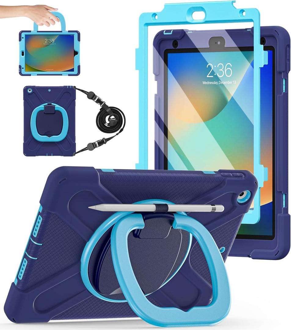 BATYUE for iPad 9th/ 8th/ 7th Generation Case (iPad 10.2 inch Rugged Case 2021/2020/2019) with Screen Protector, Rotating Stand/Pencil Holder/Carrying Shoulder Strap (Navy Blue)