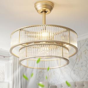 DSYBRI 20 Inch Gold Crystal Fandelier Ceiling Fan with Light, Mid Century Gold Fandelier Ceiling Fans with Lights Remote Control, Caged with 6 Speeds for Bedroom, Nursery, Living Room(US-FS-SJ03)