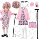 100 Days of School Old Lady Costume Set with Granny Dress Cardigan Old Lady Wig Glasses Grandma Dress Up Outfits 13Pcs (M (5-7yr), Pink)