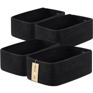 Small Storage Baskets for Organizing | Closet Organizer Bins | Shelf Toy Basket | Woven Rope Baskets | Cube Decorative Box | Shallow Basket | 13x8.5x5.1 | 4 Packs Black