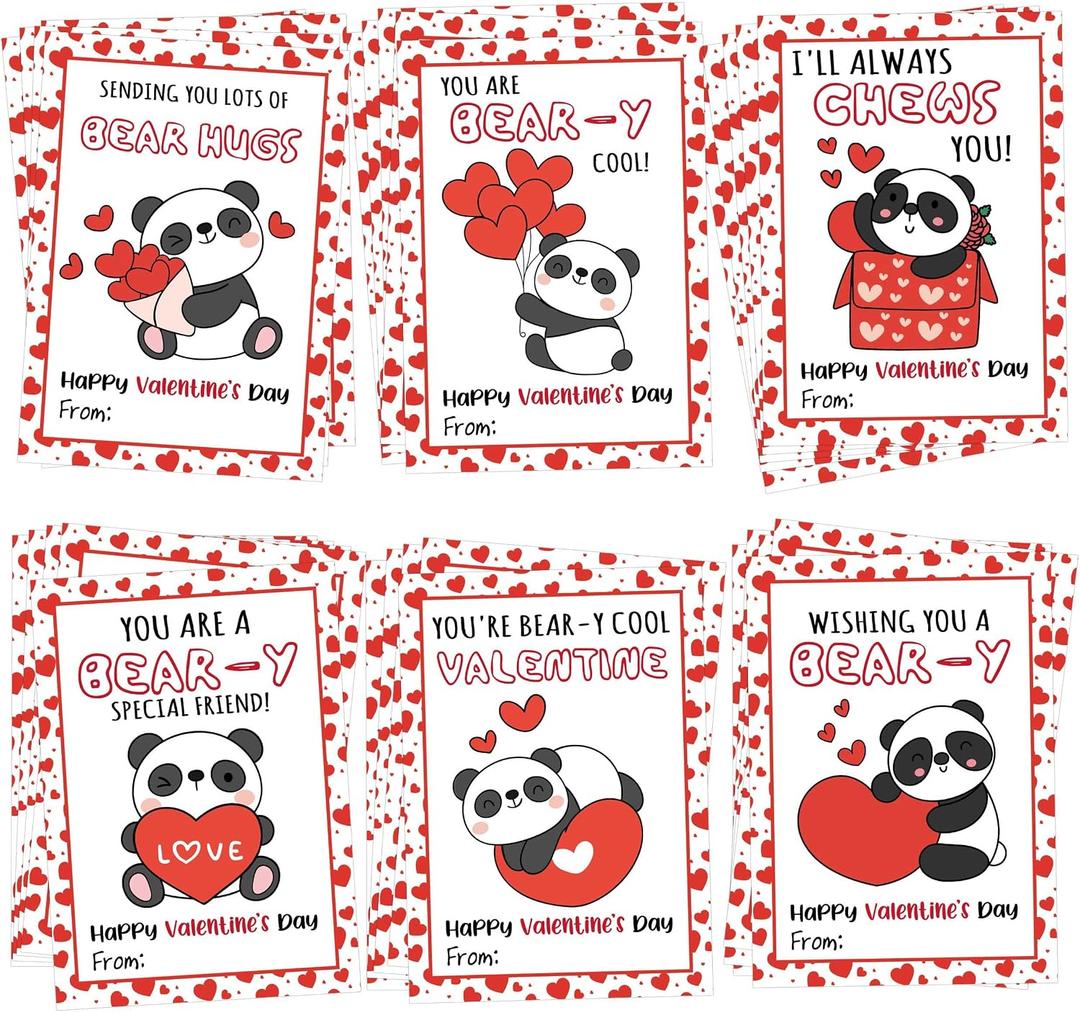 30 Panda Valentines Cards for Classroom Exchange, Funny Valentines Day Cards Greeting Cards Bulk, Valentines Candy Gift Tags, Valentines Day Classroom Gifts for School Class Party Favors