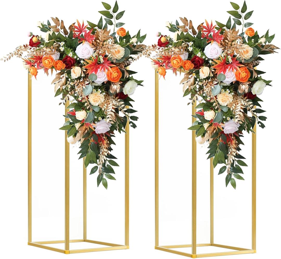 2 pcs 23.6inch/59.9cm Flower Stand Wedding Centerpieces for tables, Gold Metal Vase Column,Rectangular Flower Display Rack for Wedding,Party Decoration