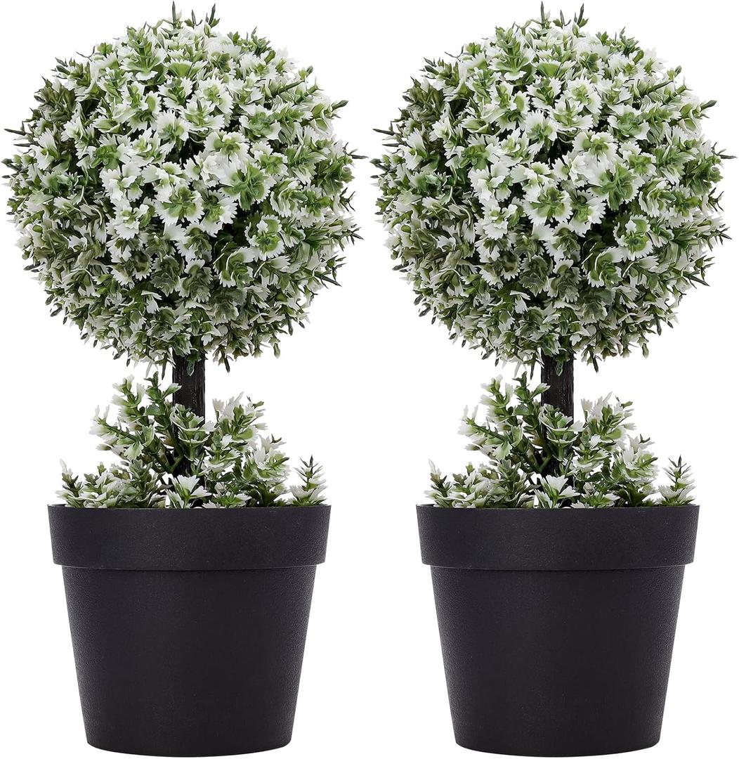 9.8 Inch Faux Topiary Boxwood Plant 2PCS Artificial Topiary Tree Fake Topiaries White Leaves Topiary Grass Balls Bathroom Plants for Home Bedroom Kitchen Office Room Decor