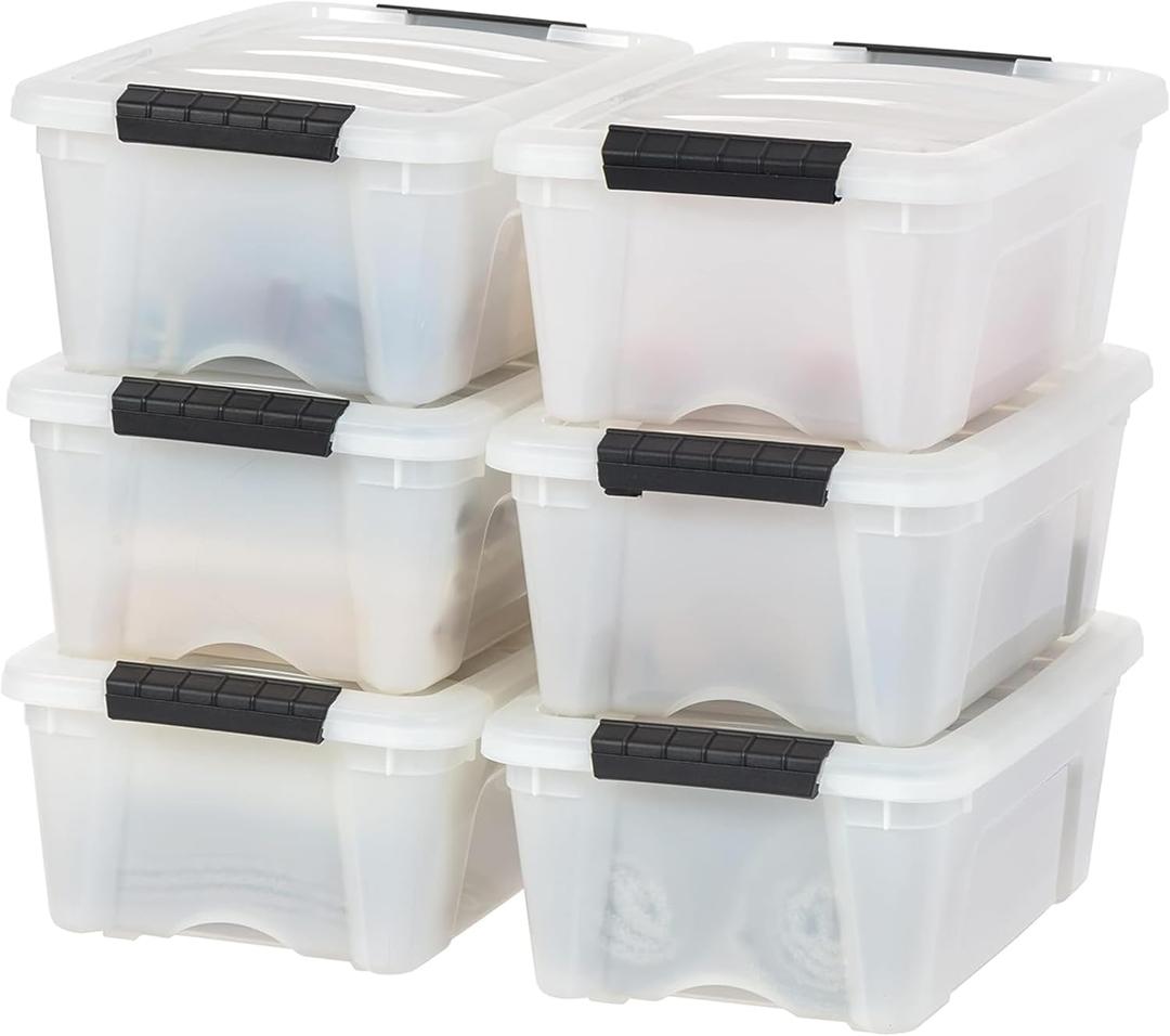 IRIS USA 13 QT Plastic Storage Box with Lid and Latches - 6 Pack - BPA-Free, Discreet Organizing Solution, Durable Nestable Stackable Containers, Secure Pull Handle - Pearl