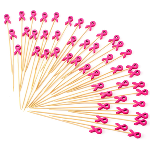 Chengu 400 Pcs Breast Cancer Awareness Cocktail Picks 4.7 Inch Pink Ribbon Bamboo Toothpicks Sandwich Appetizer Fruit Sticks for Cupcakes, Bbq, Fruit, Appetizers, Finger Foods Fundraising Events