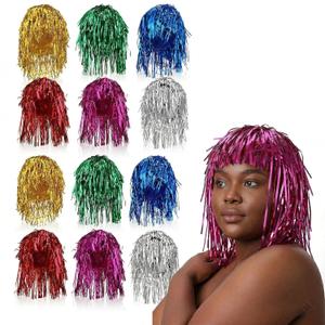 Veemoon 12 Packs Tinsel Party Wigs, Foil Wig Funny Shiny Cosplay Party Set Tinsel Party Supplies for Party Festival Costume Photo Props Men Women, Short Hair