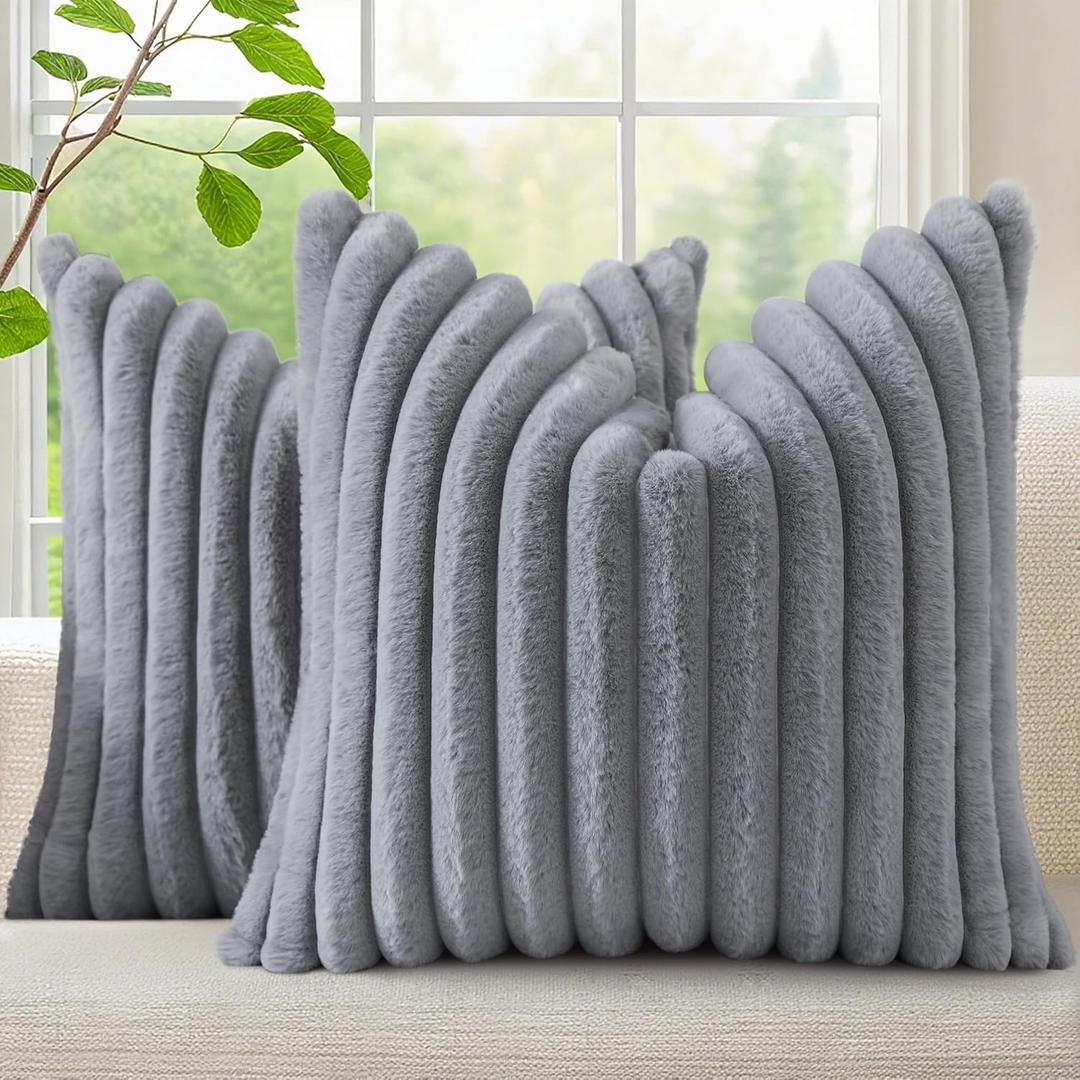 decorUhome Cozy Faux Fur Throw Pillow Covers 18x18 Set of 2 Decorative Soft Plush Striped Modern Farmhouse Boho Couch Pillow Cases with Velvet Back for Sofa Bed Living Room, Grey