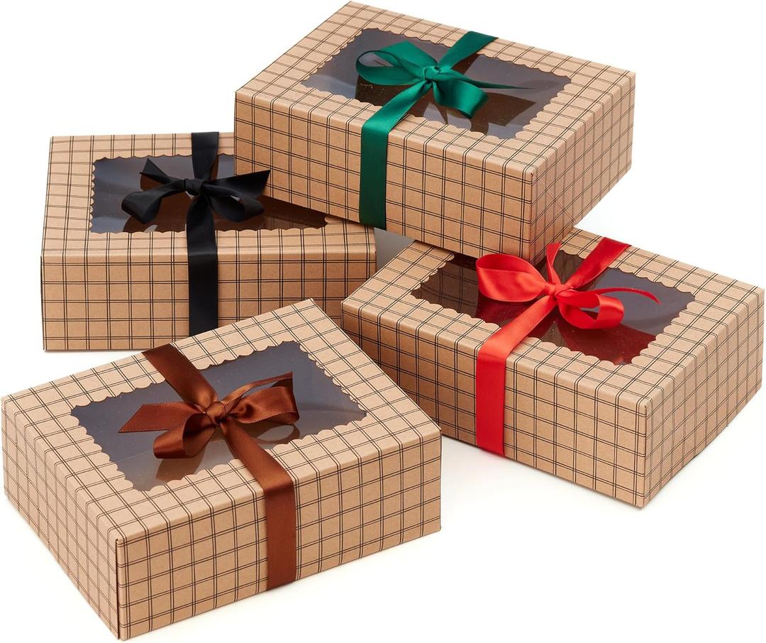 Brown Kraft Cookie Boxes with Ribbons & Window (20 Pack) 8.3 x 6 x 2.8 Food Grade Cardboard Bakery Gift Boxes for Christmas Gift Giving, Baked Goods, Candy Treats, Decorative Holiday Packaging, Empty