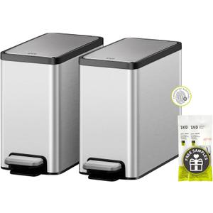 EKO Slim Small Bathroom Trash Can with Lid, Stainless Steel Kitchen Garbage Can with Removable Inner Bucket, 6L / 1.6 Gal 2 Pack Step On Trash Can Combo