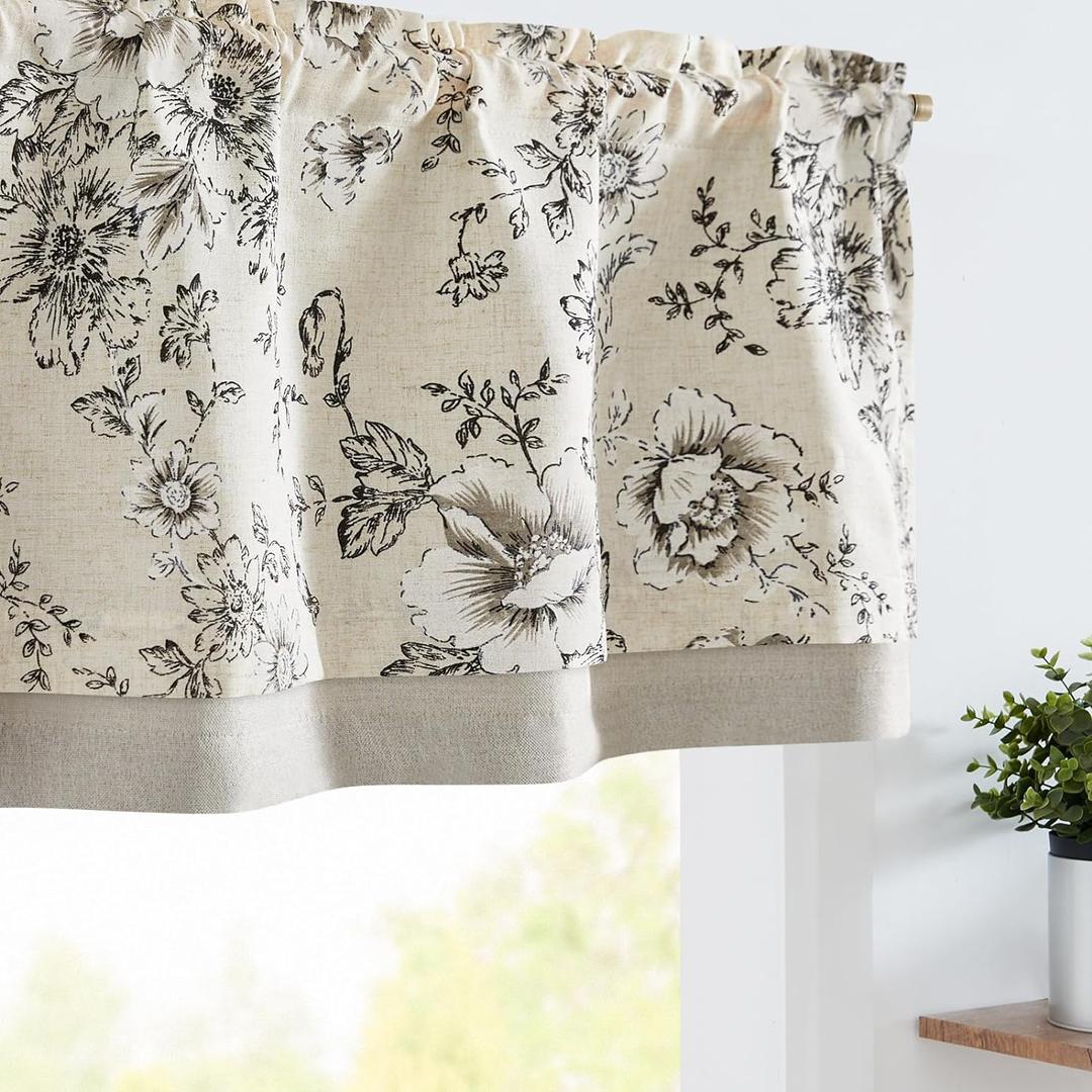 jinchan Polyester Blend Valance Curtain Farmhouse Window Decor Floral Print for Kitchen Living Room Double Layer Blackout Valance 16 Inches Rustic Window Treatment 1 Panel Rod Pocket Black on Beige