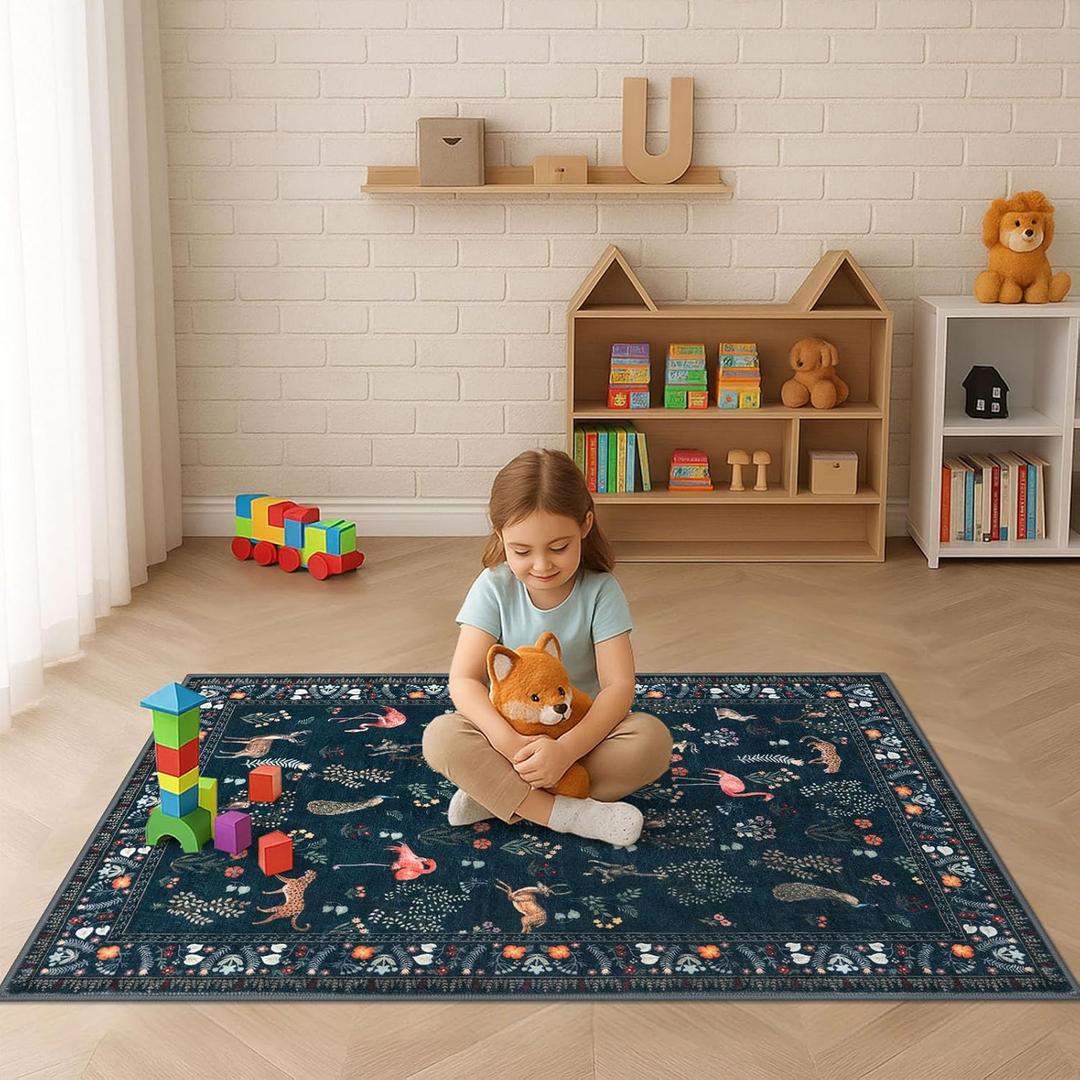 Alfasoft Modern Floral Animal Washable 3x5 Rug, Dark Green Area Rug Low Pile Ultra Thin Entryway Rug for Girls, Kids Room, Nursery, Dorm, Living Room, Kitchen Mat, Entryway Floor Carpet, Office
