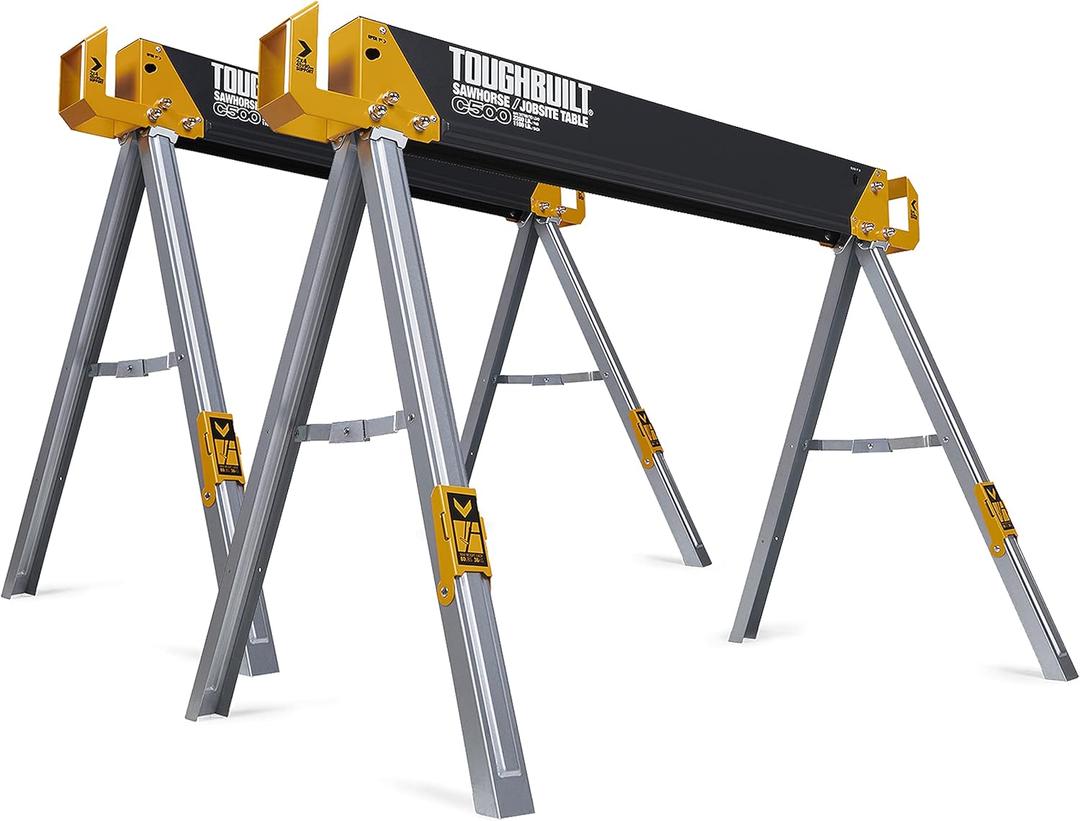 ToughBuilt - Sawhorses with 2x4 Support Arms 1100 LB Capacity - Heavy Duty Construction with Fast Open Legs and Easy Grip Handle - (TB-C500) - 2-Pack