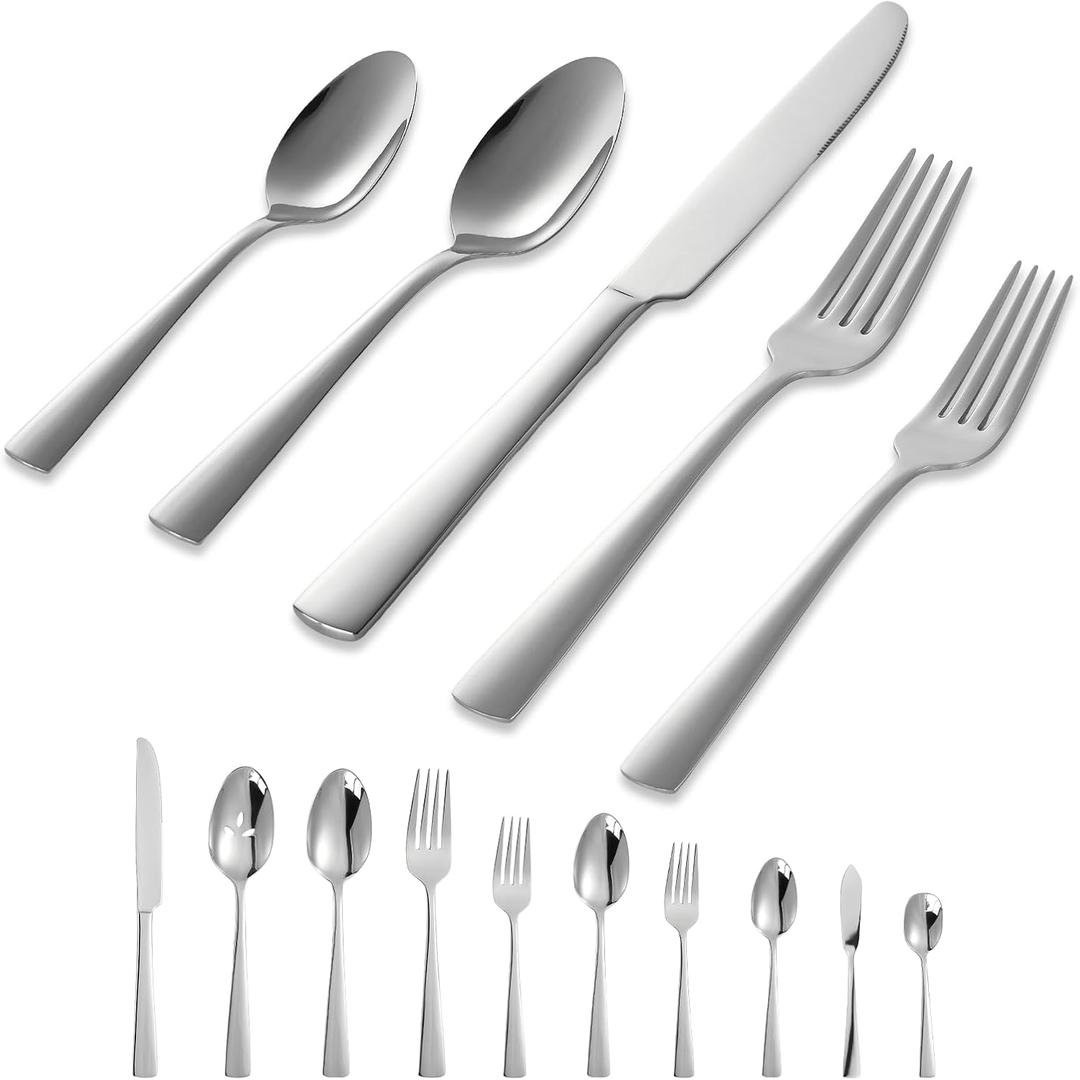45-Piece Flatware Sets, Silverware Set for 8, Durable Stainless Steel Tableware in Ergonomic Design Size and Weight, Kitchen Utensils Set with Steak Knives, Rust-proof, Dishwasher Safe