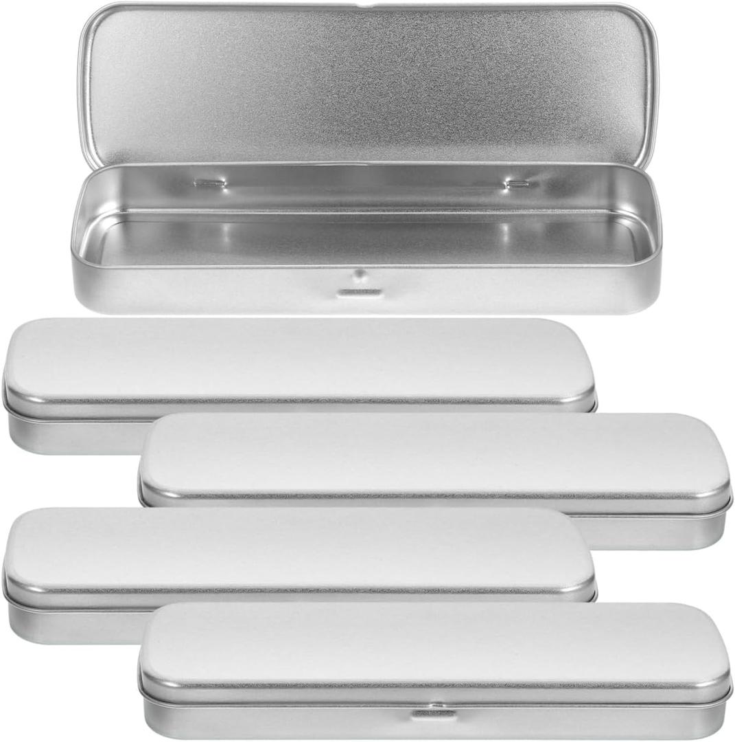 5pcs Metal Pencil Case, Rectangular Tinplate Pen Box, Single-Layer Frosted Stationery Organizer for Students, Silver, 8.07 X 2.36 X 0.78 Inches, Secure Lid and Spacious Storage (5 Pcs)