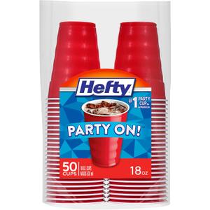 Hefty Party On Disposable Plastic Party Cups, 50 Count, 18 Oz Red Cups for Parties, Tailgates, Birthdays, Holidays, and More, Contoured Shape for Easy Gripping, Strong and Durable