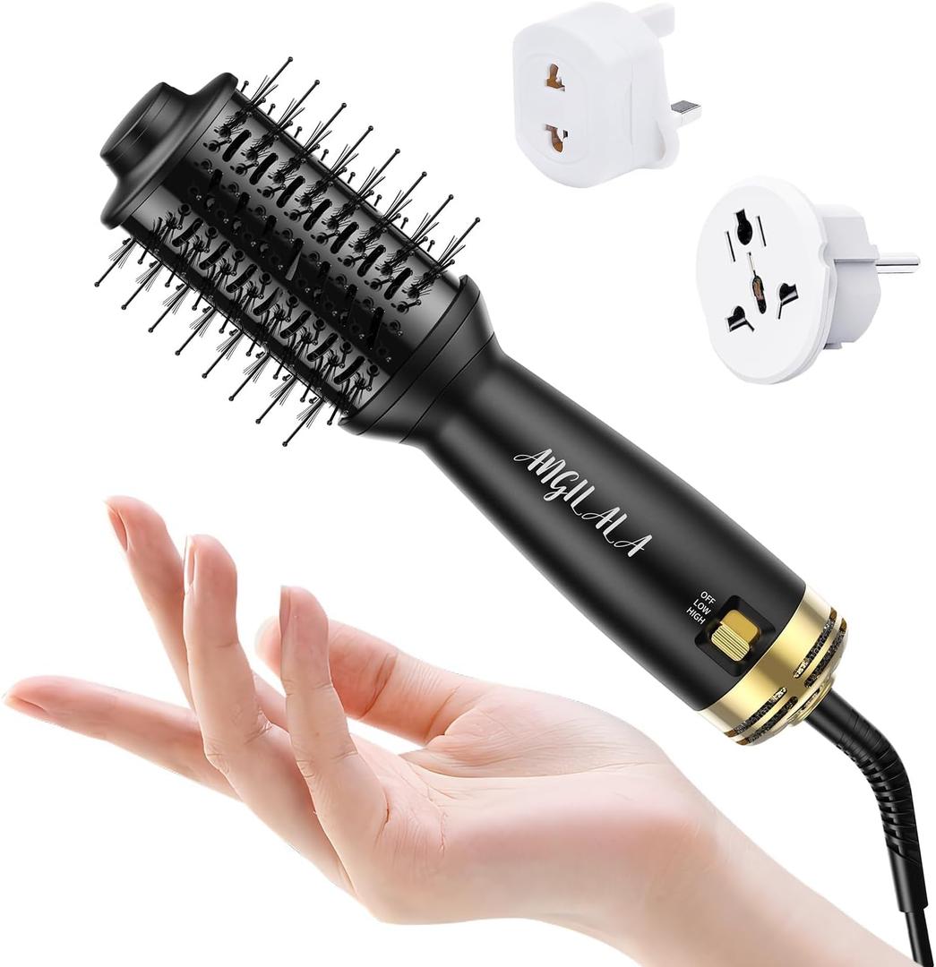 ANGILALA Dual Voltage(100~250V) Mini Hair Dryer Brush with European Plug Adapter for International Travel, Europe Travel Essentials for Women