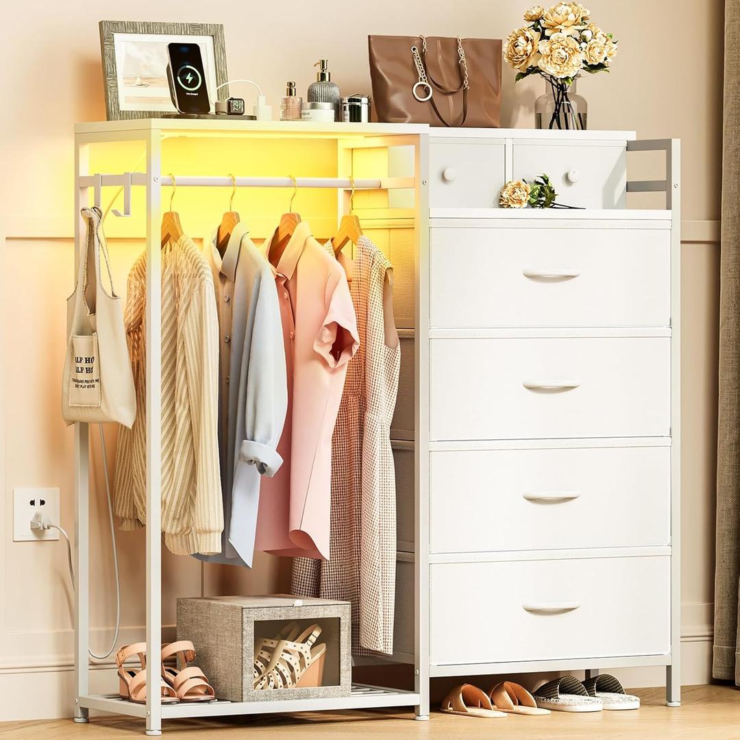 KKL Dresser for Bedroom with Clothes Hanging Rack, Reversible Bedroom Dresser with Shoe Rack & 6 Fabric Drawers, 3-in-1 Storage Chest of Drawers with Led Lights & Charging Station for Closet, White