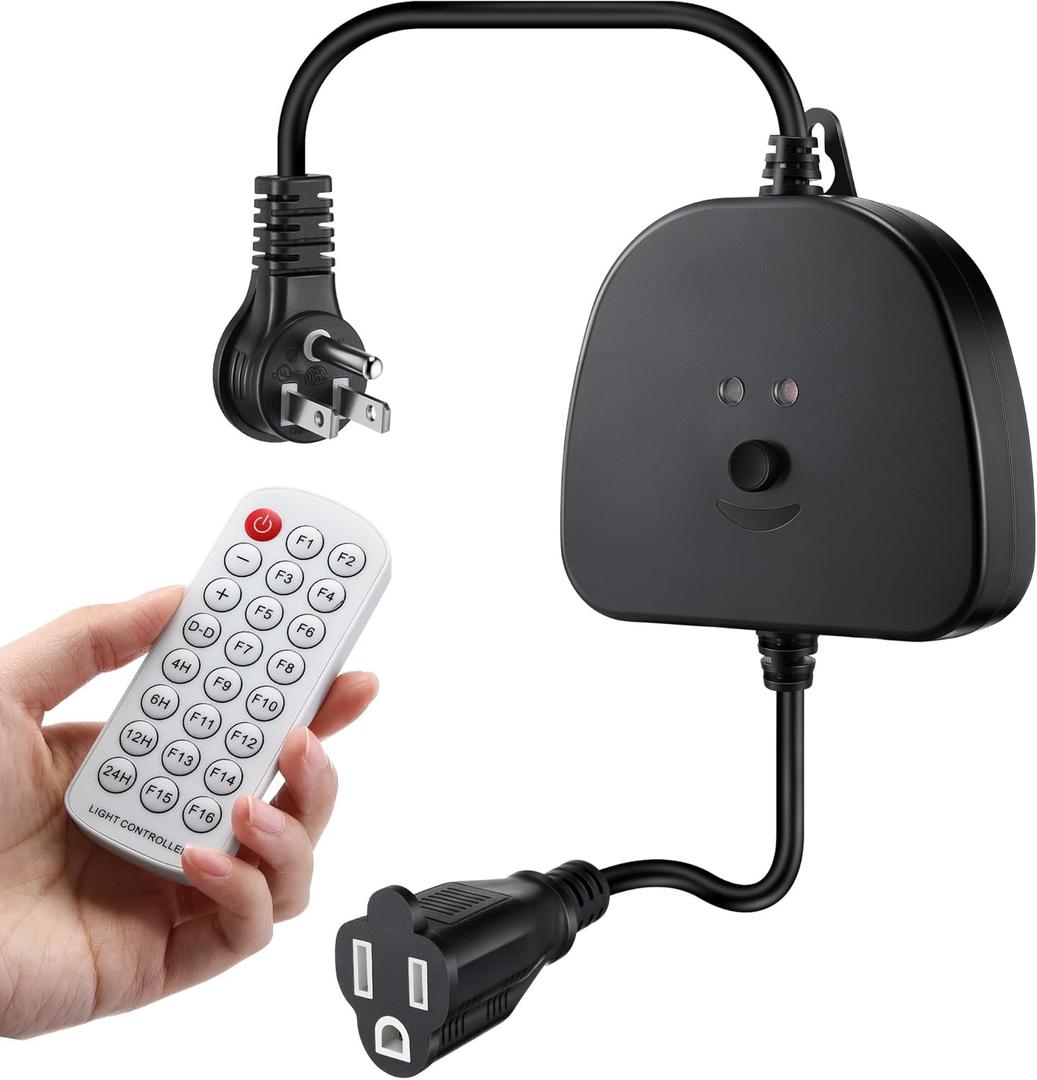 Christmas Light Controller with Remote, Multiple Lighting Effects, Timer, Dusk to Dawn Sensor Control, for Indoor Outdoor Holiday Xmas Lights, Waterproof(1 Channel/16 Functions,Black)