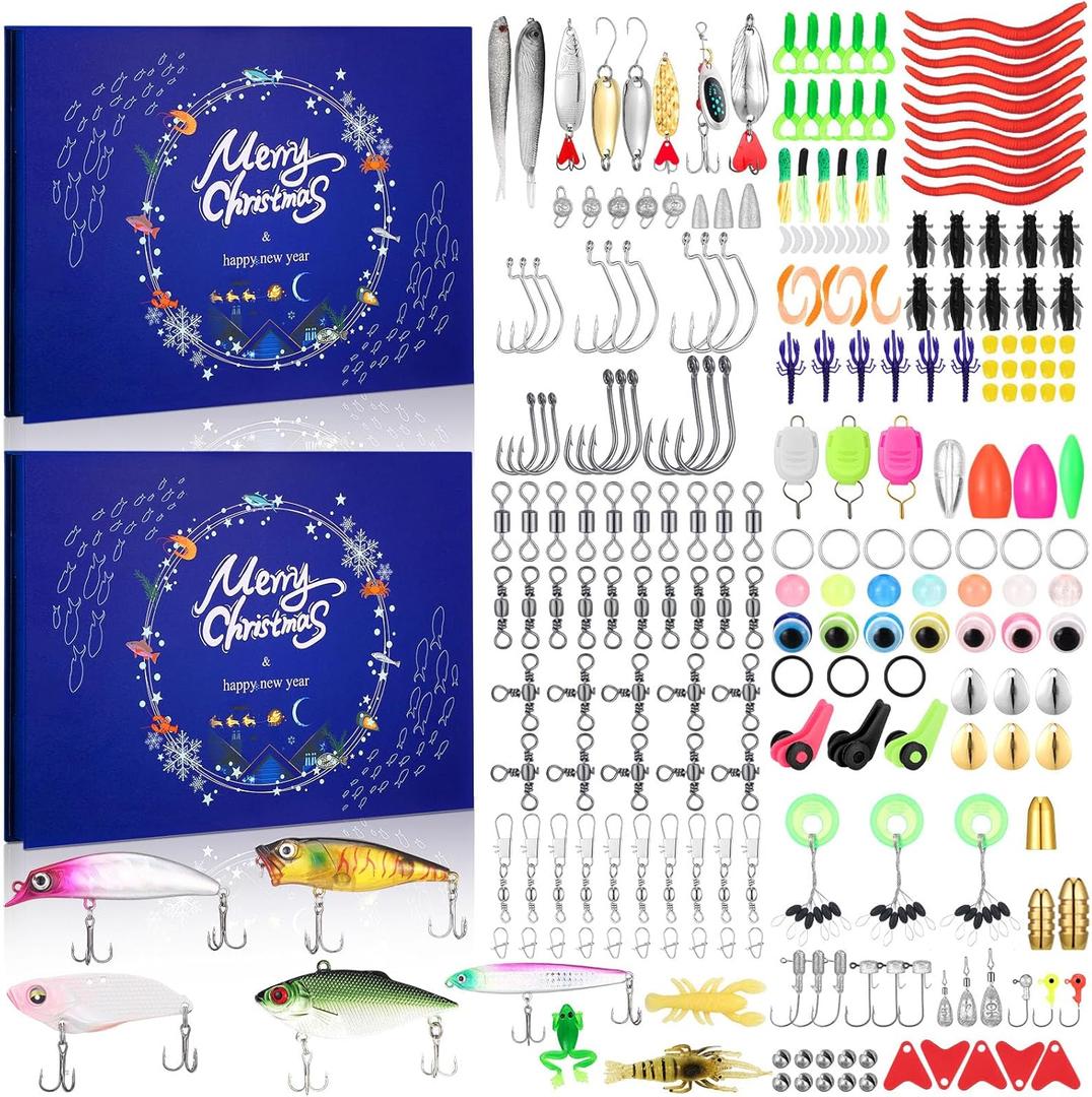 2 Set Christmas Fishing Gift for Men Advent Calendar 2025, 256 Pcs Fishing Lure Advent Calendar 24 Day Countdown Tackle Kit for Adults Fisher Men Women Father Grandpa Teen Boys, Xmas Gift