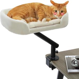 PAWZ Road Cat Desk Bed for Indoor Cats, Cat Bed for Desk Supports Up to 50 lbs, 360 Rotation & Adjustable, Nest Desktop Attachment Cats Hammock for Table, White (Beige)