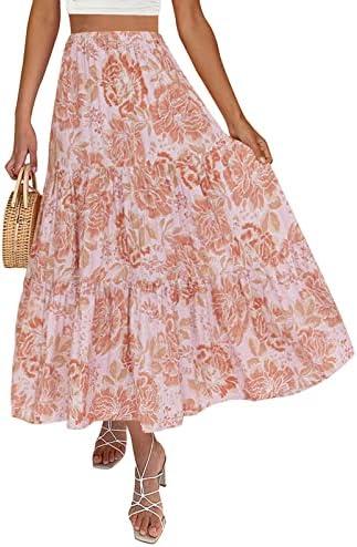 ZESICA Women's 2025 Summer Plaid Flower Elastic High Waist Flowy A Line Maxi Skirt with Pockets, Size M