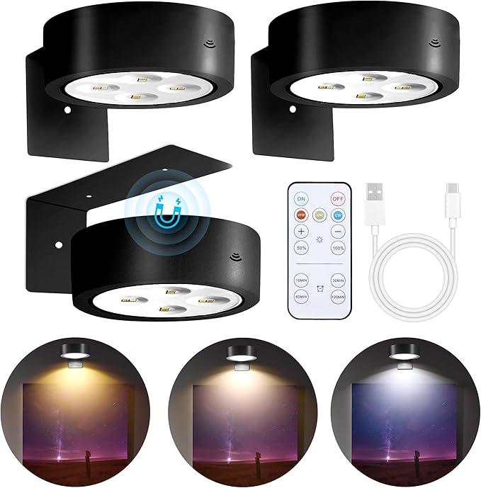 3Pcs Battery Operated Picture Light, Magnetic Led Painting Light with Remote Dimmable and Timer, 3 Lighting Modes Art Display Light for Picture Frame Paintings, Wireless Wall Decor Puck Lights,Black